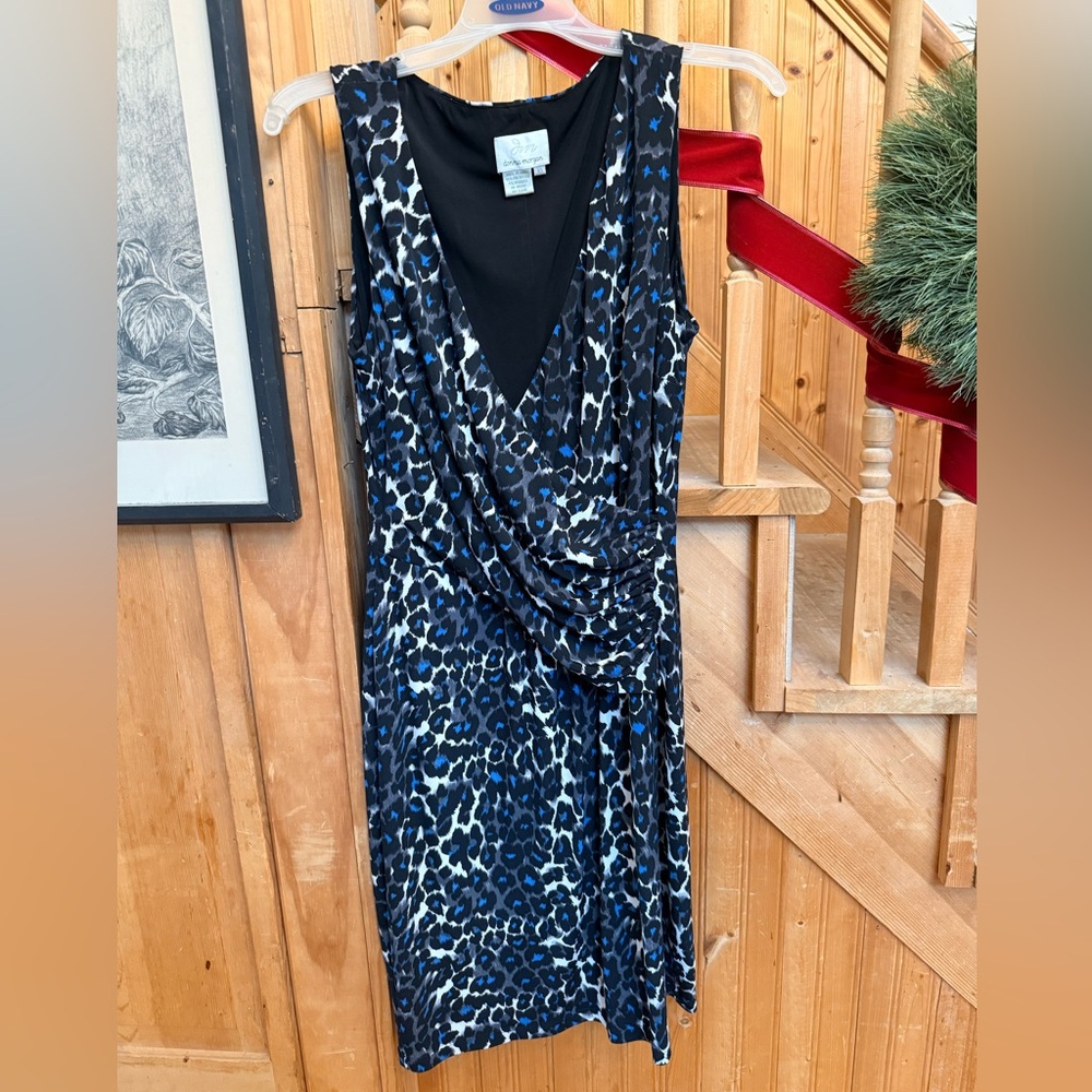 Donna Morgan Blue and Black Leopard Print Asymmetrical Dress